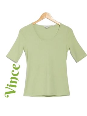 Vince Women's Elbow Sleeve Scoop Neck Top Sz M  Green Ribbed Stretch Minimalist